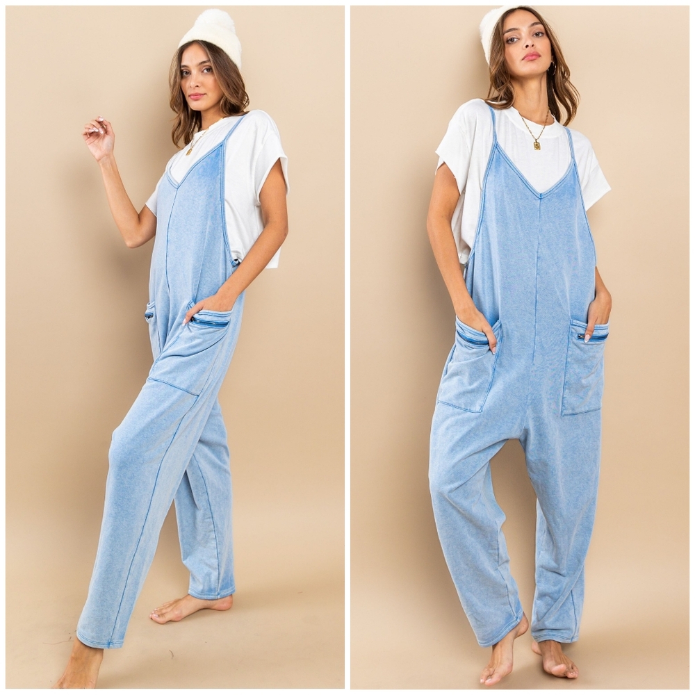 Ces Femme Washed Blue Soft Knit Jumpsuit Overalls - Picture 4 of 9